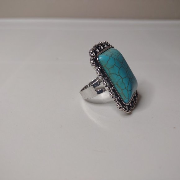 Large Rectangular Blue And Silver Tone Ring Size 7.75 - Picture 3 of 13